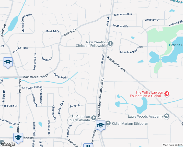 map of restaurants, bars, coffee shops, grocery stores, and more near 5464 Fox Haven Trail in Stone Mountain