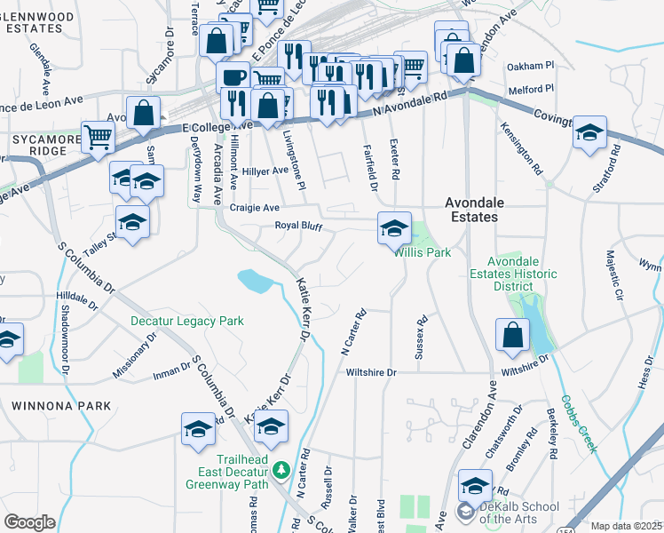 map of restaurants, bars, coffee shops, grocery stores, and more near 2821 Ashwood Place in Decatur