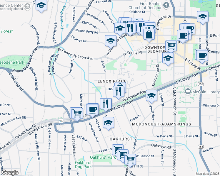 map of restaurants, bars, coffee shops, grocery stores, and more near 125 Hibernia Avenue in Decatur