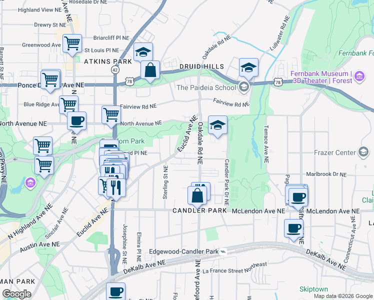 map of restaurants, bars, coffee shops, grocery stores, and more near 1355 Euclid Avenue Northeast in Atlanta