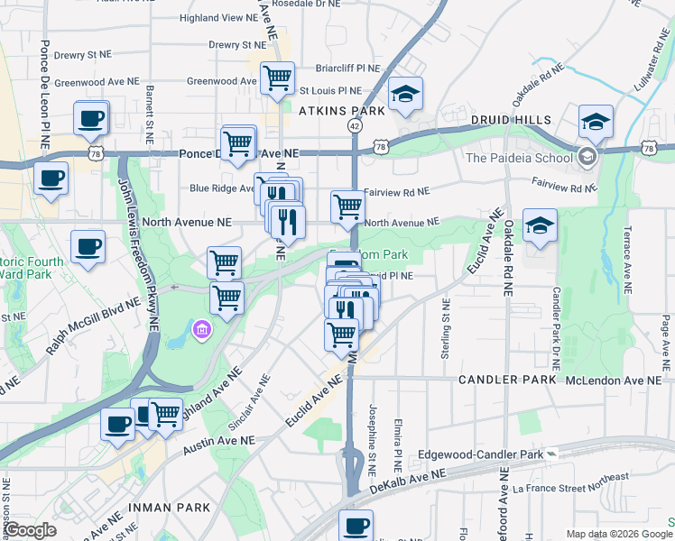 map of restaurants, bars, coffee shops, grocery stores, and more near 556 Moreland Avenue Northeast in Atlanta