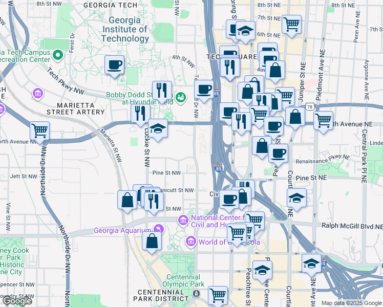 map of restaurants, bars, coffee shops, grocery stores, and more near 543 Centennial Lane in Atlanta