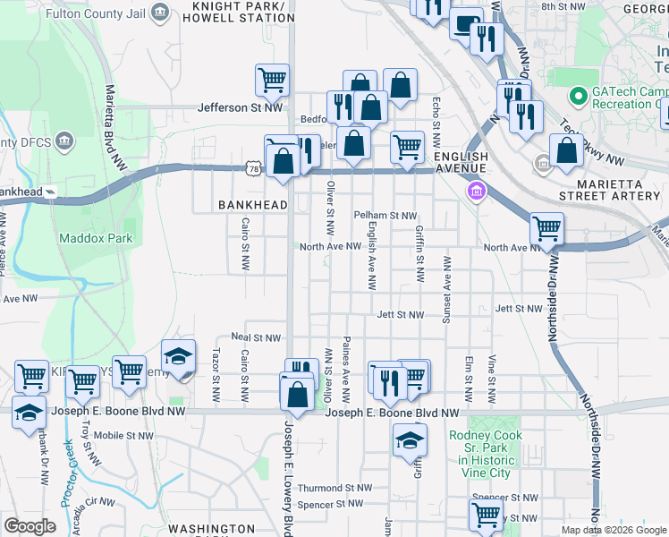 map of restaurants, bars, coffee shops, grocery stores, and more near 551 Oliver Street Northwest in Atlanta