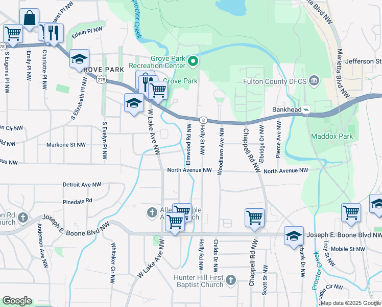 map of restaurants, bars, coffee shops, grocery stores, and more near 511 Elmwood Road Northwest in Atlanta