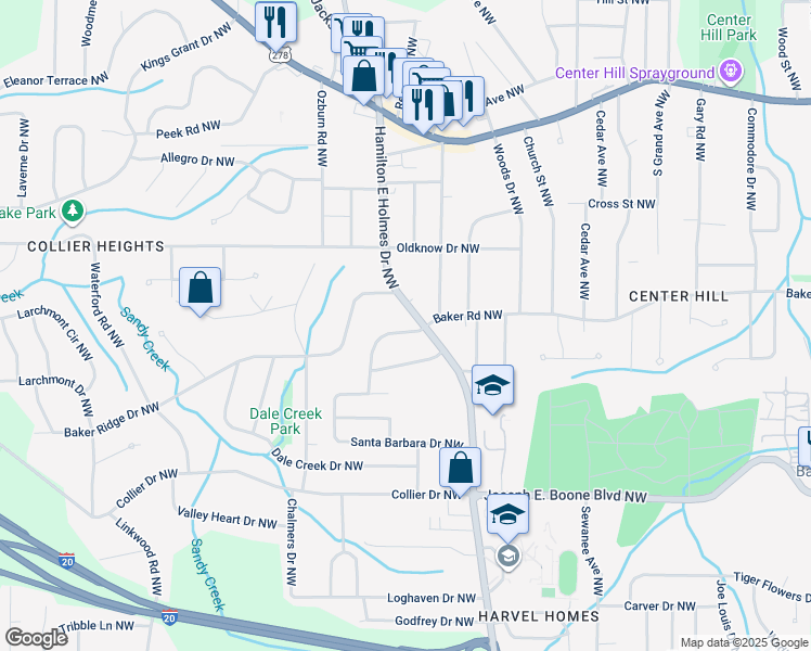 map of restaurants, bars, coffee shops, grocery stores, and more near 2575 Baker Road Northwest in Atlanta