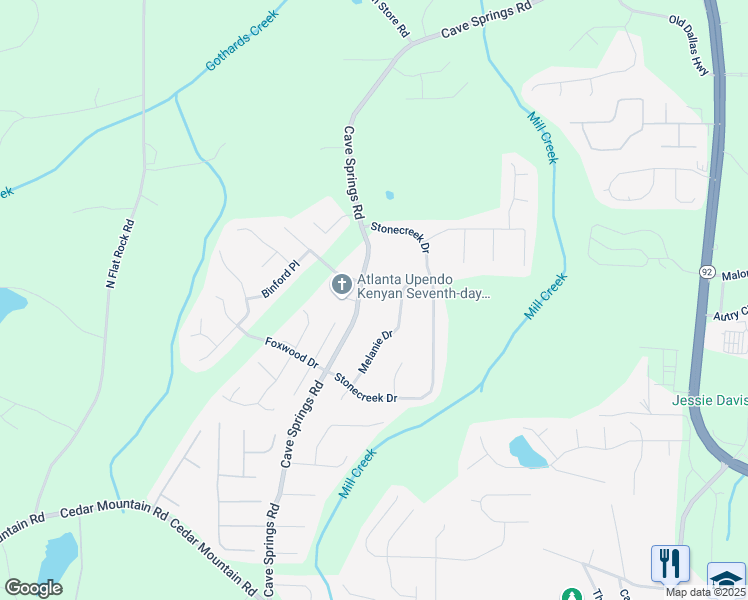 map of restaurants, bars, coffee shops, grocery stores, and more near 1272 Cave Springs Road in Douglasville