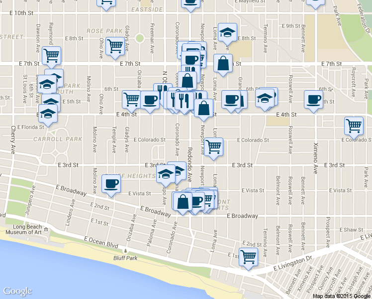 map of restaurants, bars, coffee shops, grocery stores, and more near 327 Redondo Avenue in Long Beach