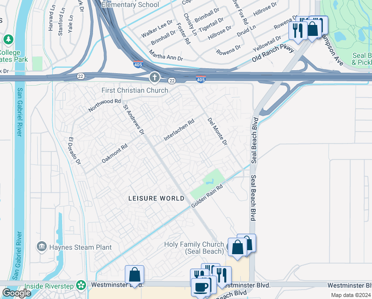map of restaurants, bars, coffee shops, grocery stores, and more near 13341 Twin Hills Drive in Seal Beach