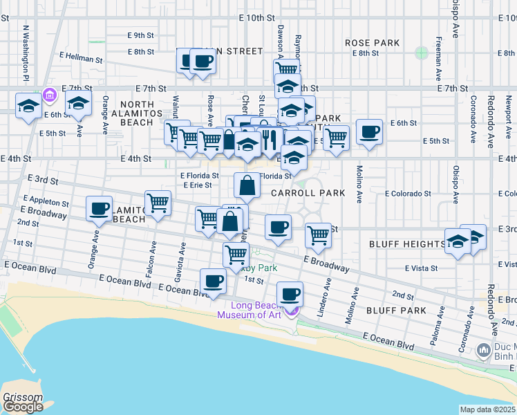 map of restaurants, bars, coffee shops, grocery stores, and more near 2033 East 3rd Street in Long Beach
