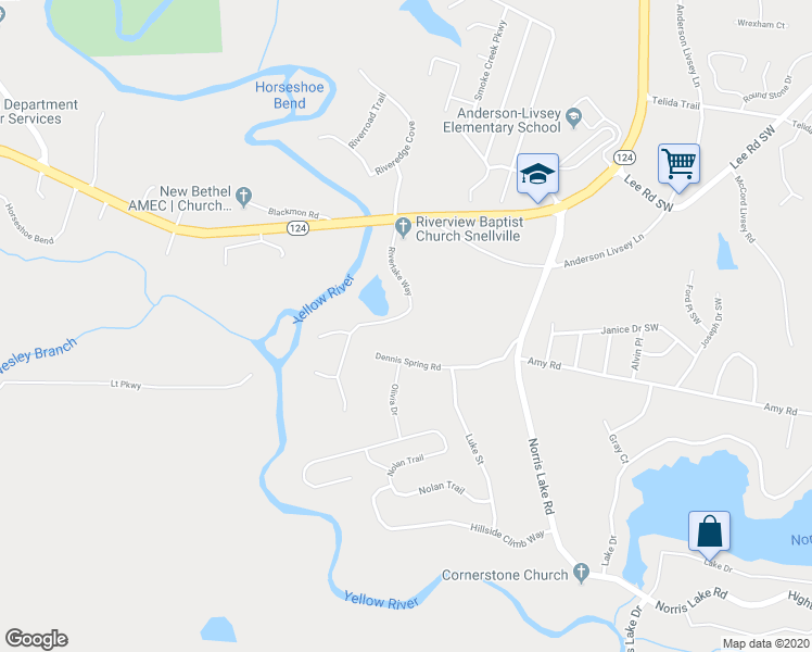 map of restaurants, bars, coffee shops, grocery stores, and more near 4270 Riverlake Way in Snellville