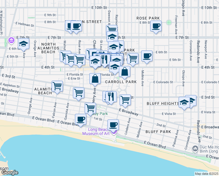 map of restaurants, bars, coffee shops, grocery stores, and more near 315 Junipero Avenue in Long Beach