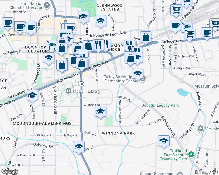 map of restaurants, bars, coffee shops, grocery stores, and more near 335 Winnona Drive in Decatur