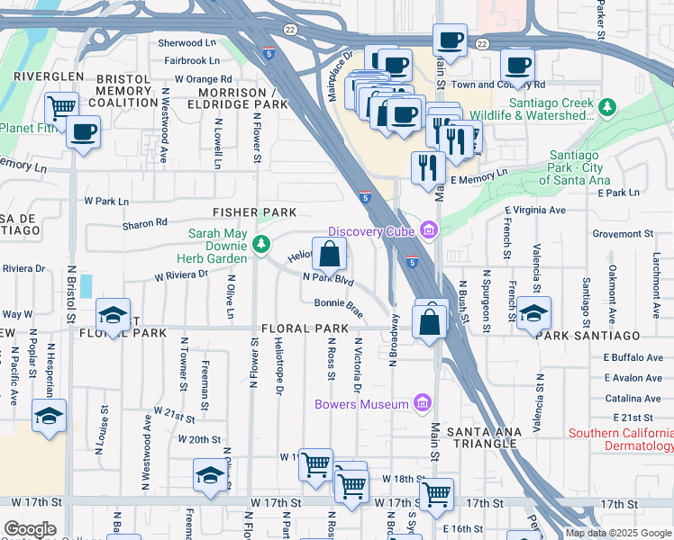 map of restaurants, bars, coffee shops, grocery stores, and more near 2404 Heliotrope Drive in Santa Ana