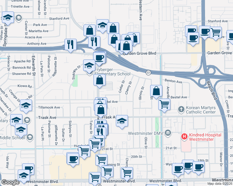 map of restaurants, bars, coffee shops, grocery stores, and more near 7132 Oso Way in Westminster