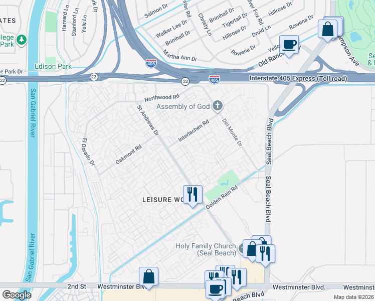 map of restaurants, bars, coffee shops, grocery stores, and more near 1620 Glenview Road in Seal Beach
