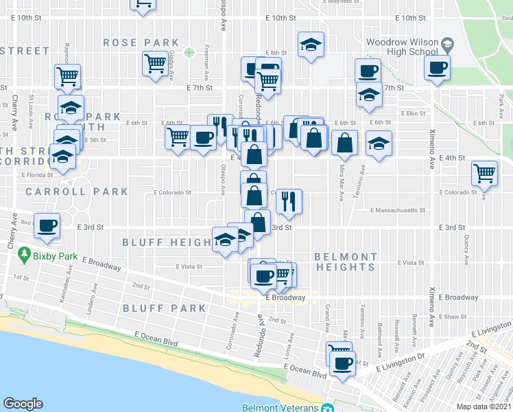 map of restaurants, bars, coffee shops, grocery stores, and more near 327 Redondo Avenue in Long Beach