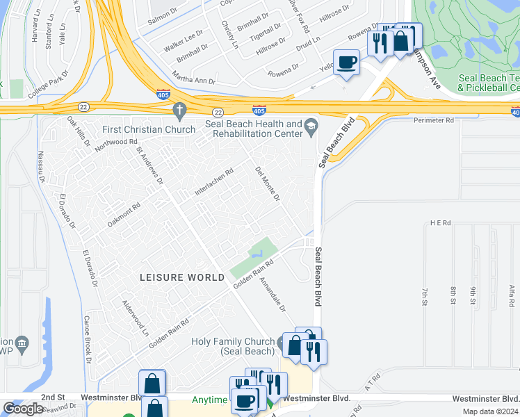 map of restaurants, bars, coffee shops, grocery stores, and more near 1781 Sunningdale Road in Seal Beach