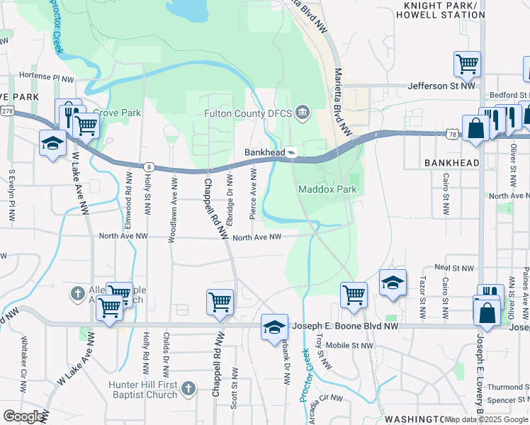 map of restaurants, bars, coffee shops, grocery stores, and more near 525 Pierce Avenue Northwest in Atlanta