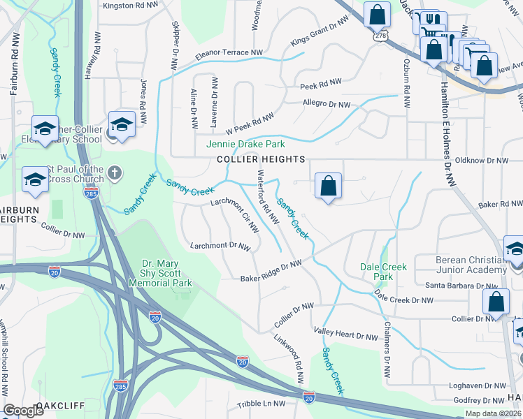 map of restaurants, bars, coffee shops, grocery stores, and more near 529 Waterford Road Northwest in Atlanta