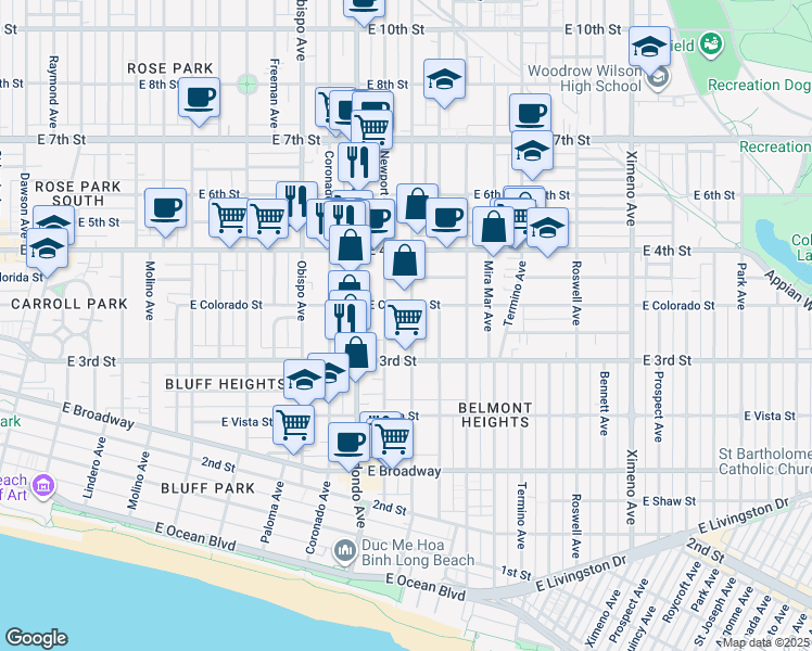 map of restaurants, bars, coffee shops, grocery stores, and more near 331 Loma Avenue in Long Beach