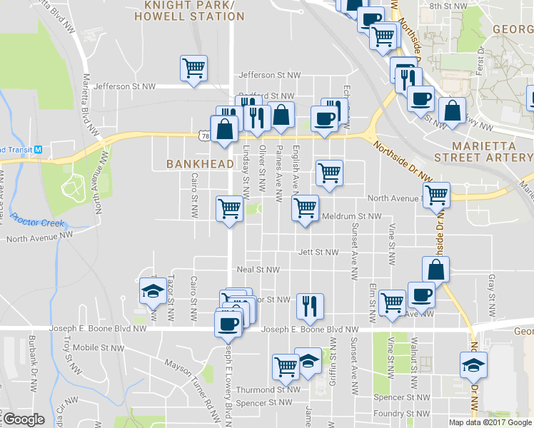map of restaurants, bars, coffee shops, grocery stores, and more near 525 Oliver Street Northwest in Atlanta