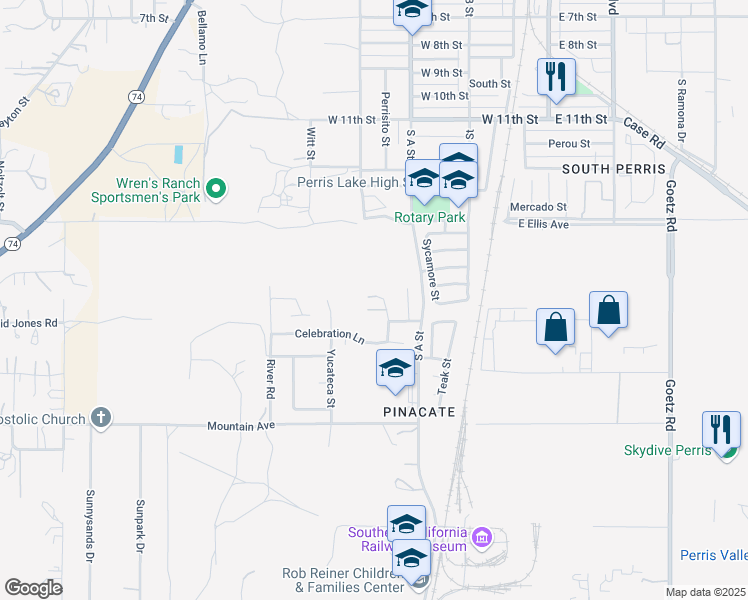 map of restaurants, bars, coffee shops, grocery stores, and more near 1776 Auburn Court in Perris
