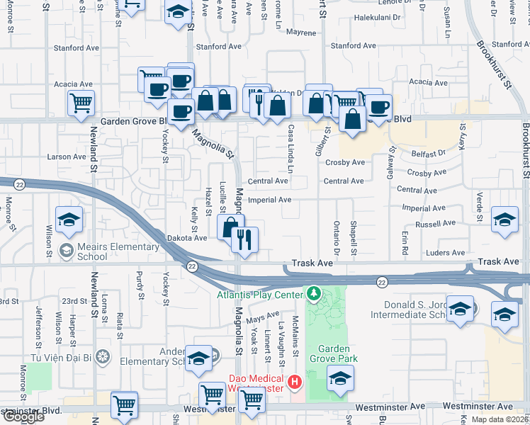 map of restaurants, bars, coffee shops, grocery stores, and more near 9102 Imperial Avenue in Garden Grove