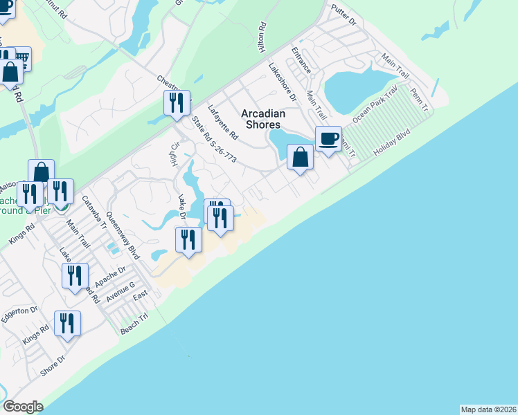 map of restaurants, bars, coffee shops, grocery stores, and more near 9994 Beach Club Drive in Myrtle Beach