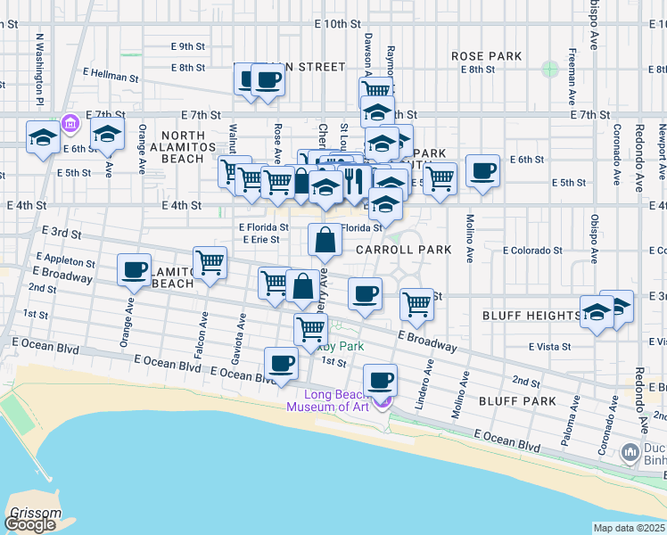 map of restaurants, bars, coffee shops, grocery stores, and more near 2021 East 3rd Street in Long Beach