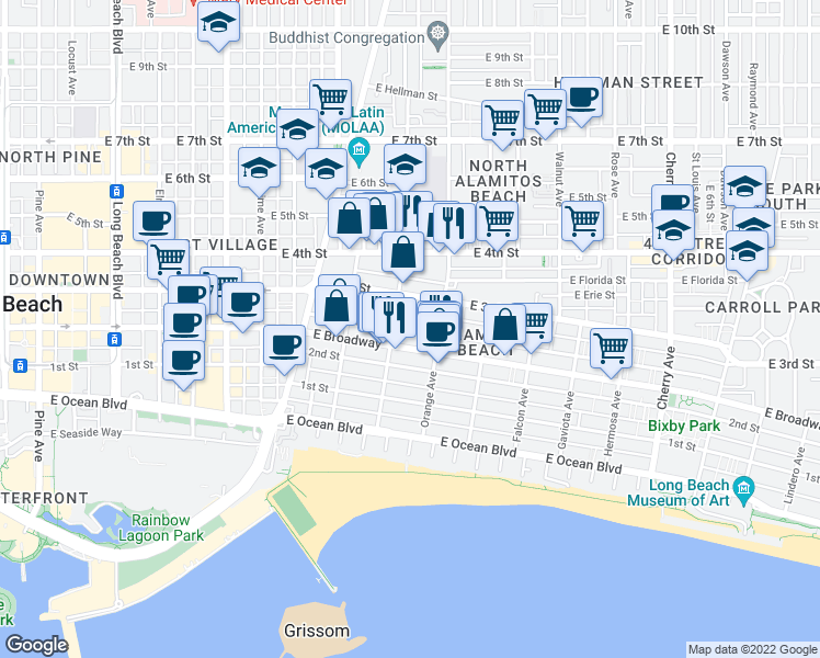 map of restaurants, bars, coffee shops, grocery stores, and more near 1121 E Appleton St in Long Beach