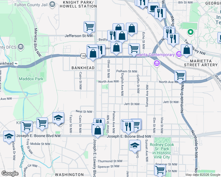 map of restaurants, bars, coffee shops, grocery stores, and more near 525 Oliver Street Northwest in Atlanta