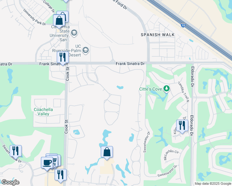 map of restaurants, bars, coffee shops, grocery stores, and more near 312 Vista Royale Drive in Palm Desert