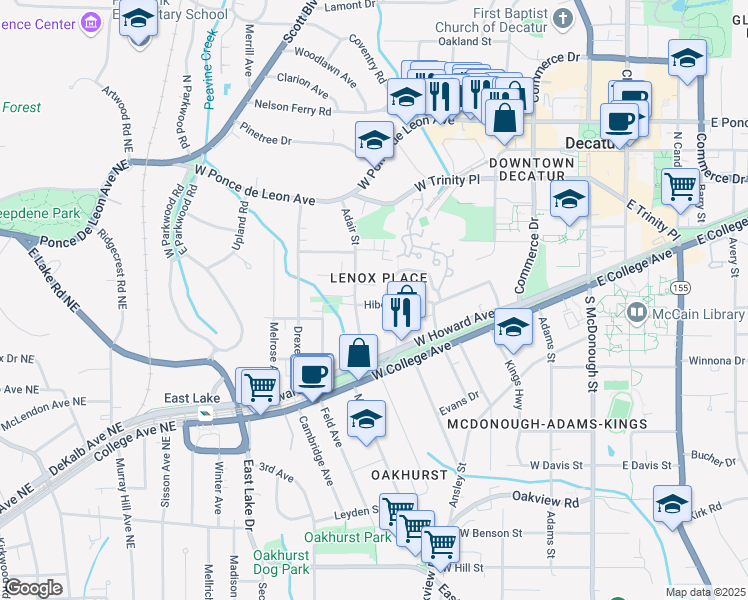 map of restaurants, bars, coffee shops, grocery stores, and more near 125 Hibernia Avenue in Decatur