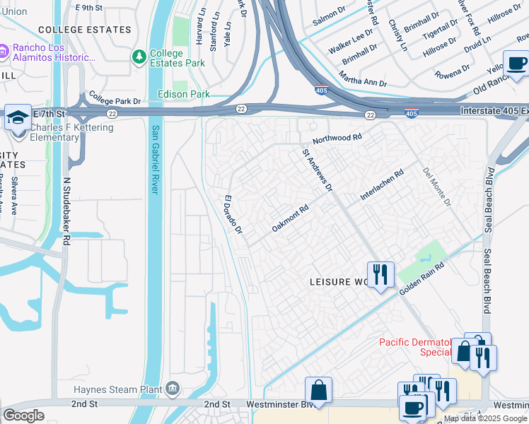 map of restaurants, bars, coffee shops, grocery stores, and more near 13341 Fairfield Lane in Seal Beach