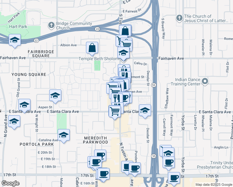 map of restaurants, bars, coffee shops, grocery stores, and more near 14B North Tustin Avenue in Santa Ana