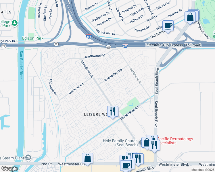 map of restaurants, bars, coffee shops, grocery stores, and more near 1560 Interlachen Road in Seal Beach