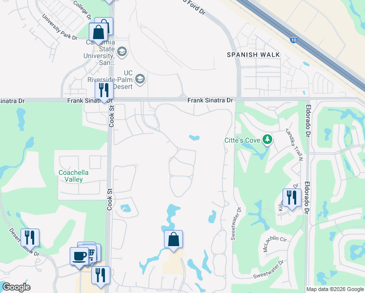 map of restaurants, bars, coffee shops, grocery stores, and more near 320 Vista Royale Drive in Palm Desert