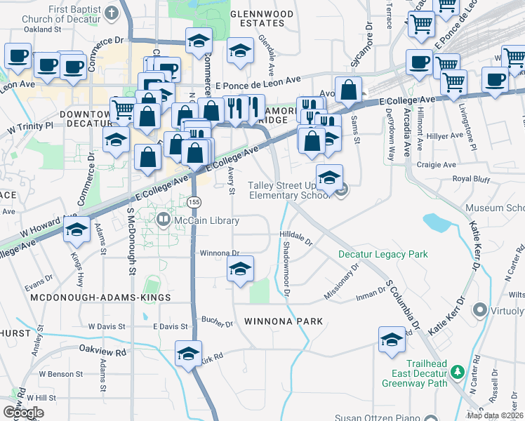 map of restaurants, bars, coffee shops, grocery stores, and more near 335 Winnona Drive in Decatur