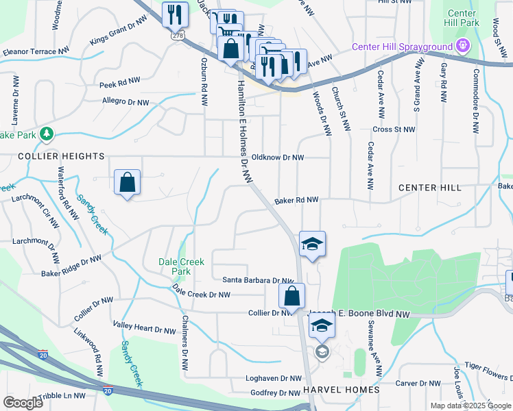 map of restaurants, bars, coffee shops, grocery stores, and more near 2575 Baker Road Northwest in Atlanta
