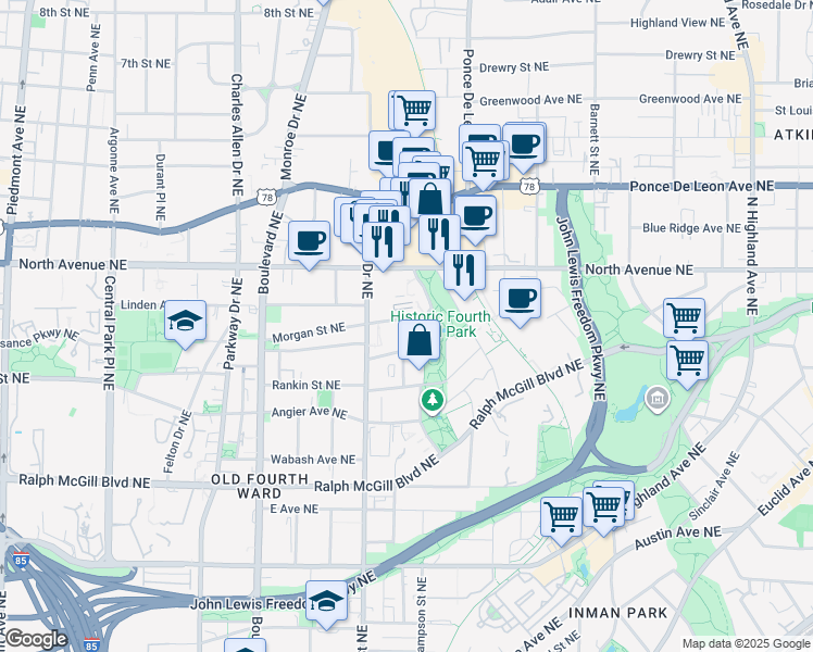 map of restaurants, bars, coffee shops, grocery stores, and more near 3102 Morgan Street Northeast in Atlanta