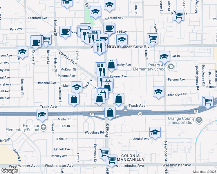map of restaurants, bars, coffee shops, grocery stores, and more near 13322 Euclid Street in Garden Grove