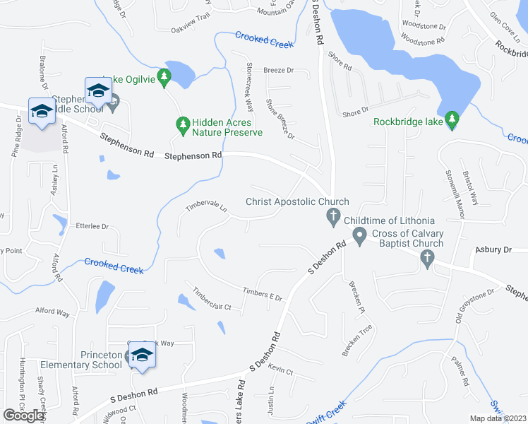 map of restaurants, bars, coffee shops, grocery stores, and more near 883 Timbervale Lane in Lithonia