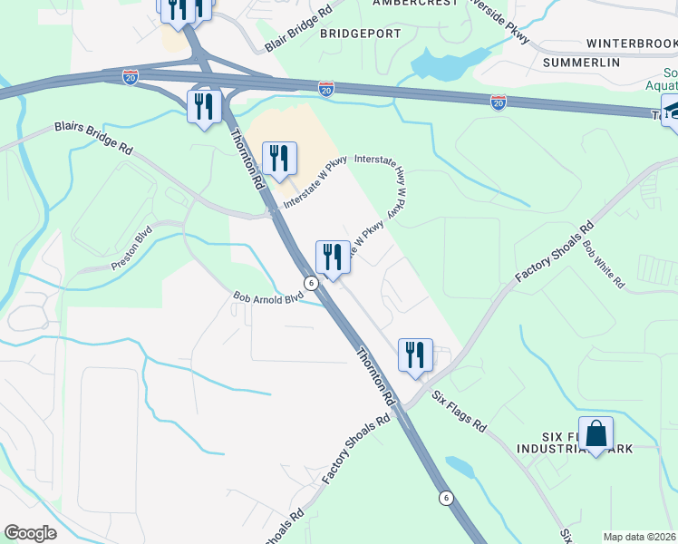 map of restaurants, bars, coffee shops, grocery stores, and more near 1280 Thornton Road in Lithia Springs