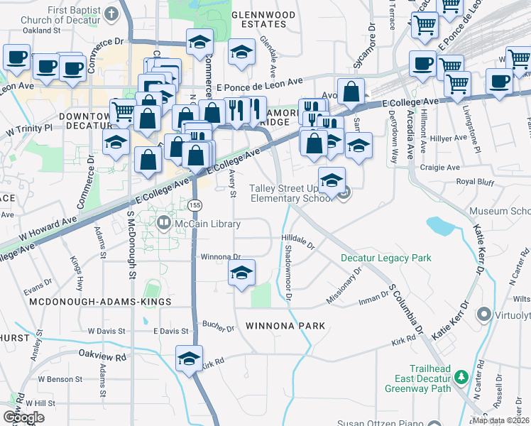 map of restaurants, bars, coffee shops, grocery stores, and more near 335 Winnona Drive in Decatur