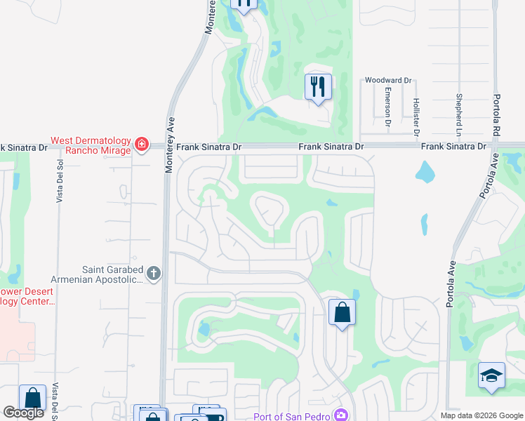 map of restaurants, bars, coffee shops, grocery stores, and more near 73342 Linda Circle in Palm Desert
