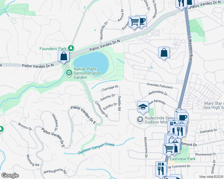 map of restaurants, bars, coffee shops, grocery stores, and more near 2234 Carriage Drive in Rolling Hills Estates