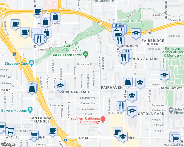 map of restaurants, bars, coffee shops, grocery stores, and more near 2432 Larchmont Avenue in Santa Ana