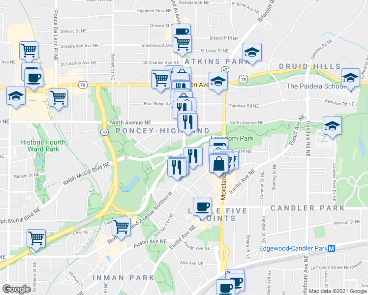 map of restaurants, bars, coffee shops, grocery stores, and more near 549 North Highland Ave NE in Atlanta