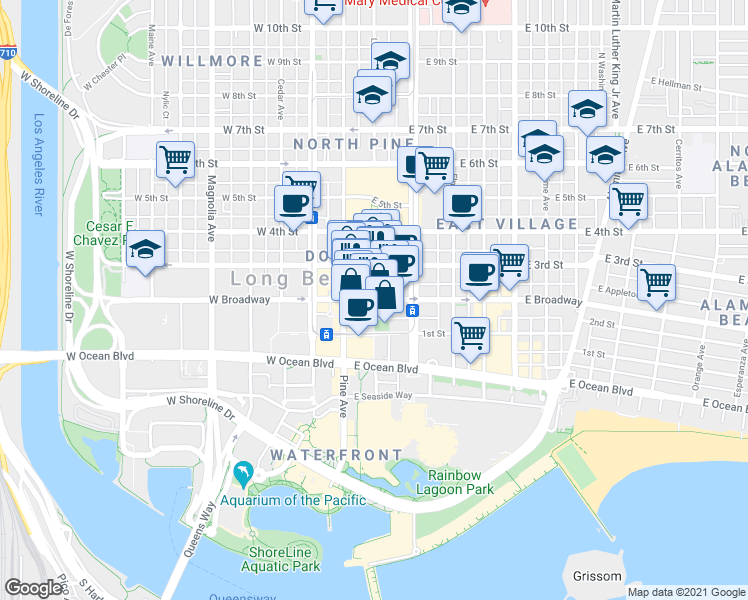 map of restaurants, bars, coffee shops, grocery stores, and more near E Broadway & The Promenade N in Long Beach