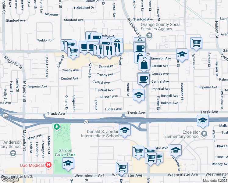 map of restaurants, bars, coffee shops, grocery stores, and more near 9742 Imperial Avenue in Garden Grove